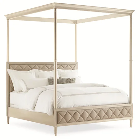"Over the Top" California King Size Canopy Bed with Linen Upholstered and Tufted Headboard and Footboard